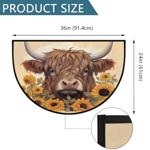 Image of Half Round Door Mat Animal Highland Cow Sunflower Non-Slip Semi Circle Area Rug Washable Half Moon Hearth Rugs for Indoor Outdoor Bathroom Kitchen Patio Runner Mat Laundry Room Home Decoration