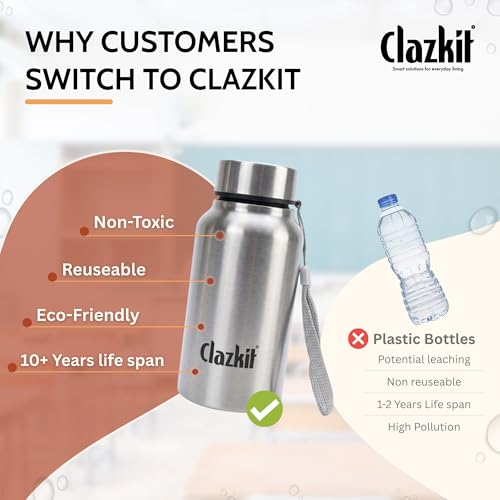 Image of Clazkit Stainless Steel Water Bottle, 500 ml - Single-Walled, Spill-Proof, Food Grade Steel | Fridge, Office, School, Travel, Gym, Car (Silver) Pack Of 6