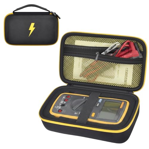 Image of Case Compatible for Fluke 17B+ /15B+ / 17B / 15B / /177 /179 / 113 /114 / 115 /116 / 117 /87V / 88V / 101 Digital Multimeter, Protective Travel Storage Bag with Detachable DIY Foam (Box Only) (Black+Yellow Pocket)
