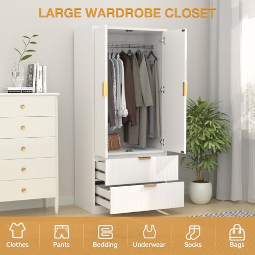 Wardrobeclosetwith2doorsand2drawers70clothingstoragecabinetswithhangingrodmodernwoodenarmoirewardrobeclosetwithgoldhandlesforbedroomarmoireslaundryroomwhite  Urban Country Home Decor Wardrobe closet with 2 doors and 2 drawers 70clothing storage cabinets with hanging rod modern wooden armoire wardrobe closet with gold handles for bedroom armoires laundry room white  urban country home decor