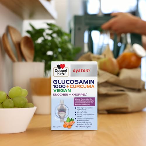 Doppelherz system GLUCOSAMIN 1000 + CURCUMA VEGAN – Vitamin C trägt zur normalen Kollagenbildung für die normale Knorpel- und Knochenfunktion bei – 120 Kapseln