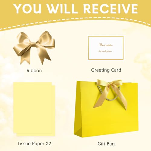 Image of JMANNI Gift Bags with Handles, 13 inch Medium Gift Bag for Presents, 1 Pcs Bags with 2 Tissue Paper and 1 Cards for Baby Shower Wedding Bridal Shower Mother's Day Birthday Party (Yellow
