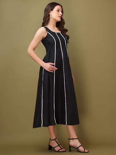 Image of PURVAJA Women's Round Neck Flared Cotton Blend Dress (Floe-043-045)
