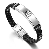 KBNSUIAN Umgekehrter Pentagramm Leder Armband Armreif aus Edelstahl Umgedrehtes Pentagramm Gotischer Okkulter Teufels Schutz Satanischer Schmuck, 8,26 Zoll
