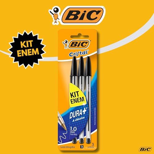 Caneta BIC, Enem Preta Ponta Média 1.0mm Kit 3 Canetas Esferográficas Cristal Classica Dura Mais, Fo