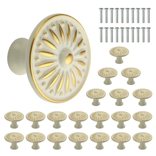 WMYCONGCONG 20 PCS Drawer Knobs 35mm Diameter Single Hole Round Ceramic Cupboard Knob Wardrobe Door Pull Handle European Style Ivory White Wardrobe Door Handles for Kitchen Cabinet Dresser Zinc Alloy