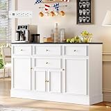 Hasuit White Buffet Sideboard Cabinet with Storage Drawers & Doors, 55.1' Large Kitchen Sideboard Buffet Cabinet with Power Outlets, Wood Coffee Bar Buffet Table for Kitchen, Dining Room, Living Room