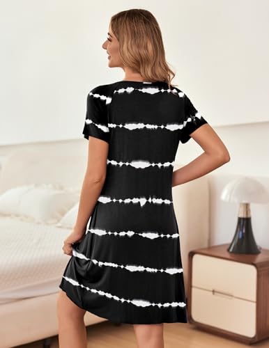 Image of Ekouaer Sleep Shirts for Women Short Sleeve Nightshirts Pleated Nightgowns Loose Fit Night Dress Soft Sleepwear Tie Dye Black L