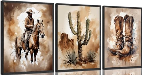 Image of Vintage Western Cowboy Canvas Wall Art Aesthetic Cactus Cowboy boots Painting Picture Wall Decor Retro Southwestern Desert Poster Print Artwork for Farmhouse Living Room Home Decoration 16x24in