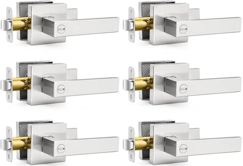 6 Pack Square Door Lever Privacy Door Lock Handleset, Keyless Lockset Door Knobs Interior Door Knobs Storage Room Bathroom Set Reversible Keyless Flat Levers in Satin Nickel