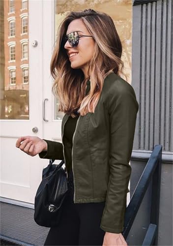 Women's Casual Stand Collar Jacket Coat Pu Zipper Up Faux Leather Motorcycle Short Biker Outwear Jacket2