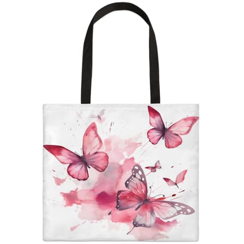 Mularoka Watercolor Butterfly Square Canvas Tote Bag Top Handle Purses Stylish Women Canvas Shoulder Tote Bags Reusable Handbags for Work Travel Picnic Beach Shopping Gym Hiking