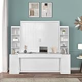 PVWIIK Queen Size Murphy Bed with Desk & Charging Station,Wall Bed Frame Folding into Cabinet Design w/LED & Storage Shelf for Small Space,Bedroom,Guest Room,White
