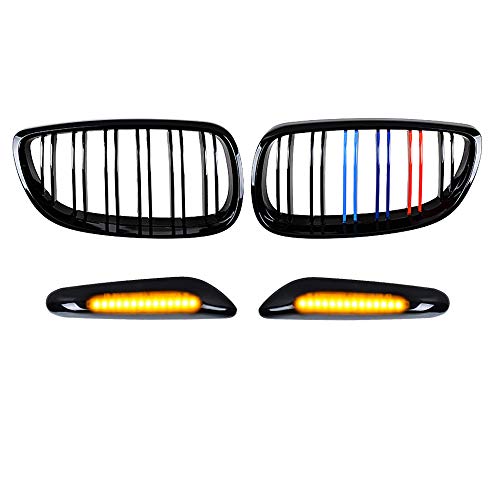 Glossy Black M-Color Double Line Kidney Grille and Amber 2538 SMD LED Dark Smoke Turn Signal Side Marker Light Compatible with BMW 07-10 2-Door E92 E93 Pre-Facelift Coupe Convertible