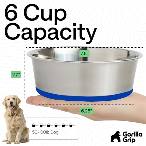 Image of GORILLA GRIP Dog Bowls, Food Grade 304 Stainless Steel, Holds 6 Cups Each (48 fl oz) Food and Water Bowl for Feeding Dogs and Cats, Dishwasher Safe, Rust Resistant, BPA Free Rubber Base Set of 2 Blue