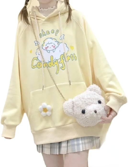 Sudadera con capucha Kawaii con estampado de oveja, sudadera estética de gran tamaño, ropa de calle Harajuku, Albaricoque