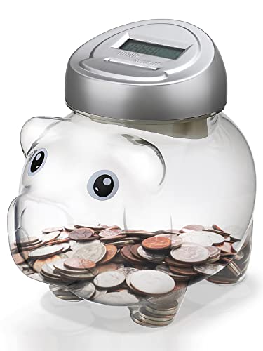 Younion Piggy Digital Coin Bank, Automatic Coin Counter Totals All U.S. Coins, Clear Money Saving Jar with LCD Display, Silver