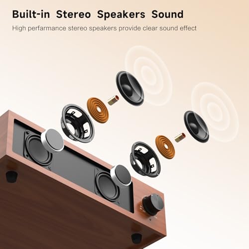 Image of Vintage Record Player with Built-in Stereo Speakers Turntable Vinyls Records LP Phonograph Belt Drive 3 Speed 3 Size Support Wireless Input RCA Output Auto Stop Retro Wooden Walnut Red