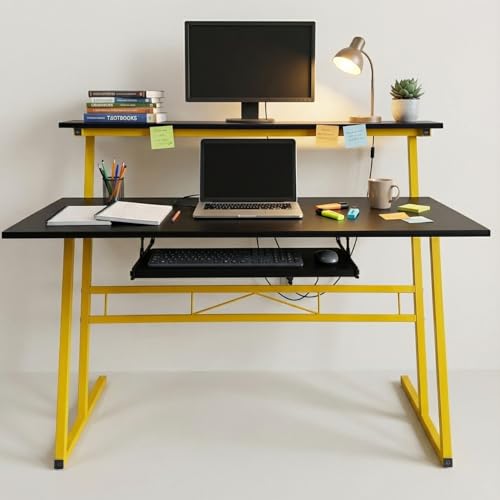 Image of FFO Music Studio Desk with Keyboard Tray Multipurpose Office & Study Table | Workstation Desk for Home, Office, Music Studio, Piano & Instruments Durable Desk with 1 Year Warranty DIY - Black /Yellow
