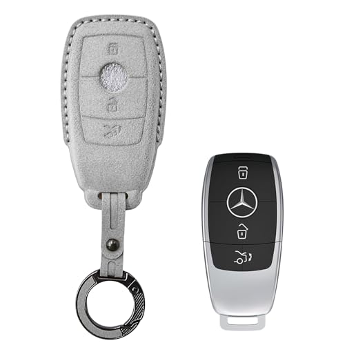 Image of KMH Alcantara Car Key Cover Compatible with Mєrcєdєs W205, E320L, C200, C180, C260, C300 Series Model 3 Buttons Shell Case Holder Full Key Protector Smart Keycover with Keychain, Grey - Pack of 2