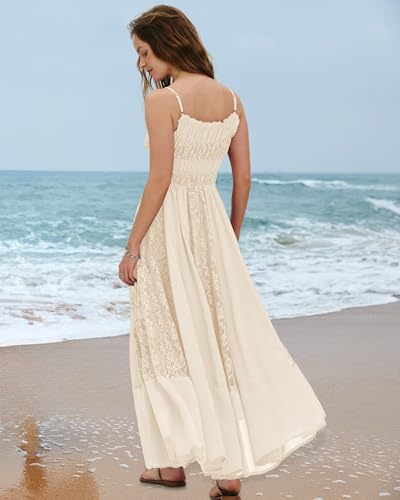 Gacaky Summer Dress for Women Casual Lace Floral Embroidered Bohemian Maxi Dress Flowy A Line Beach Long Dresses Beige Large - Thumbnail 4