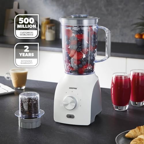 GEEPAS 2-in-1 Food Jug Blender | 1.8L Juice Jar & 60G Mini Coffee Spice Mill | 6-Leaf Stainless-Steel Blades 3 Speed & Pulse Smoothie Maker Turbo Button for Ice Crushing Overheat Protection 600W White - Image 3