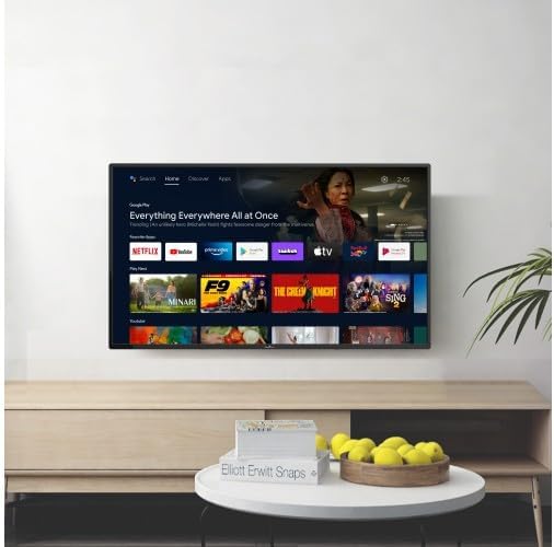 Smart Tech 43UA20T3 TV displaying the Android TV home screen with various apps.