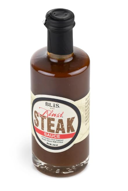 BLiS Blast Bourbon Barrel Aged Steak Sauce – Gourmet Hot Pepper & Molasses Finishing for Grilled Meats, BBQ & Marinade – Premium Craft Steak Sauce – 250ml 8.45 oz