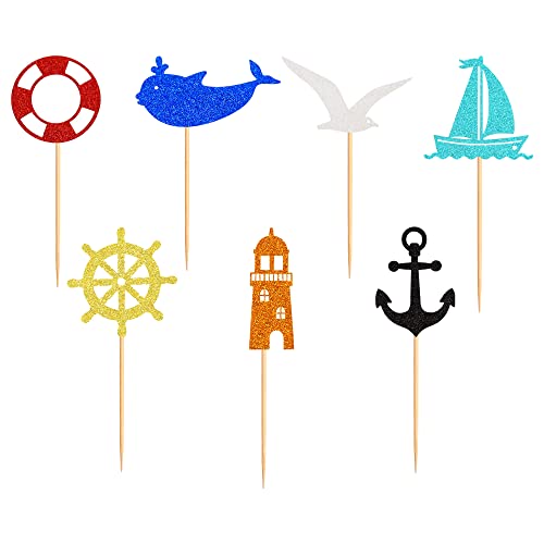Ercadio 35 Pack Nautical Cupcake Toppers Glitter Anchor Rudder Whale Cupcake Picks Sea Mew Lighthouse Cupcake Decors Ocean Sailing Theme Baby Shower Birthday Party Cake Decorations Supplies #TOP7