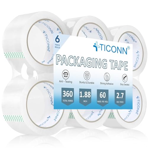 TICONN Packing Tape, 360 Yards Heavy Duty Clear Packaging Tape 2.7 mil Shipping Tape, 1.88 inch x 60 Yards Tapes for Shipping, Mailing, Moving (6 Pack)