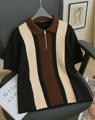 Image of AUSK Men's Retro Cable-Knit Quarter-Zip Polo | Premium Textured Self-Design Half Sleeve T-Shirt for Men