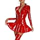Moinha Damen Lederkleid Sexy Kurz PU Leder Kleid Langarm Wetlook Minikleid Ausgestellt Faltenrock Partykleid Nachtclub Kleid mit Vorne Reißverschluss Figurbetont Lack Leder Kleid Bodysuit Rot