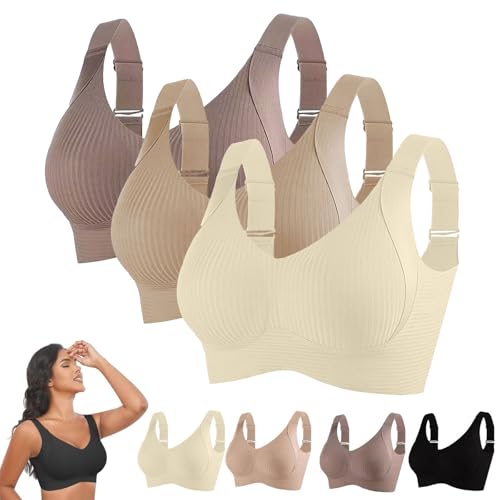 3 Piezas Sujetador Sin Aros Mujer Suave 2025 Sujetadores De Forma Seamless Ligero Base Top Corsé Espalda Desnuda Push Up Sujetador Lactancia Cómodo Bra Gimnasia Correas Ajustables, Blanco+beige+café