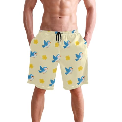 Cute Bird Flowers Floral Yellow Mens Swim Trunks Quick Dry Beach Shorts with Pocket S 2302241