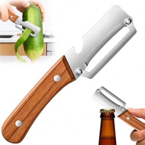 Image of 2 in 1 Vegetable Peeler with Bottle Opener | Stainless Steel Potato & Fruit Peeler with Wooden Handle | Heavy Duty Sharp Kitchen Peeler for Vegetables, Fruits & Cheese (Pack of 1)