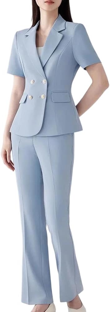 Womens Solid Short Sleeve Blazer and Pant Suit Double Breasted Two Piece Office Business Outfit All Season Wear