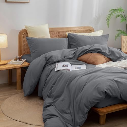 Image of BESTOUCH Cotton Solid Duvet Cover Set Quiet Shade Grey Alaska King | 100% Washed Cotton, Soft Wrinkle Texture, Hidden Zipper, 8 Ties, Breathable Lightweight Durable Comfy, 3 Pcs No Insert
