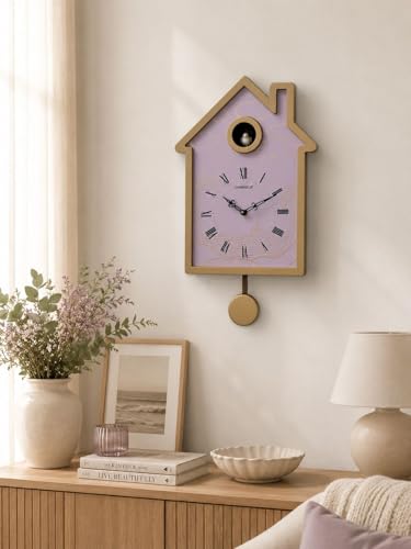 Image of CHRONIKLE Modern Stylish Non Ticking Silent Analog Hut Shape Wooden Cuckoo Wall Clock for Home, Living Room, Bedroom, Office, and Kitchen (Purple) (18 x 10 Inch : Weight - 2350 Grm)