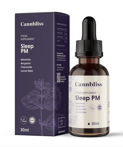 Cannbliss Sleep PM gotas para dormir a base de melatonina, manzanilla, melisa y bergamota 30 ml. Suplemento natural para el sueño sin gluten, lactosa ni alcohol. Sueño profundo y reparador