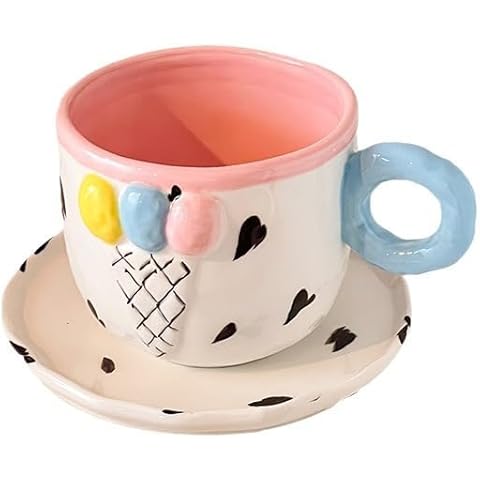 Beddinginn Ceramic Ice Cream Coffee Cup and Saucer Set for Women, 10 Oz Colorful Cute Teacup Set for Latte Tea Cover
