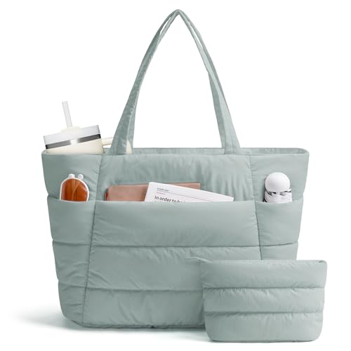 Narwey Nylon Puffer Tote Bag for Women Lightweight Puffy Work Nurse Bag Quilted Shoulder Bag Handbag for Travel College Teacher Gym Gifts for Women Girls (Sage Green)