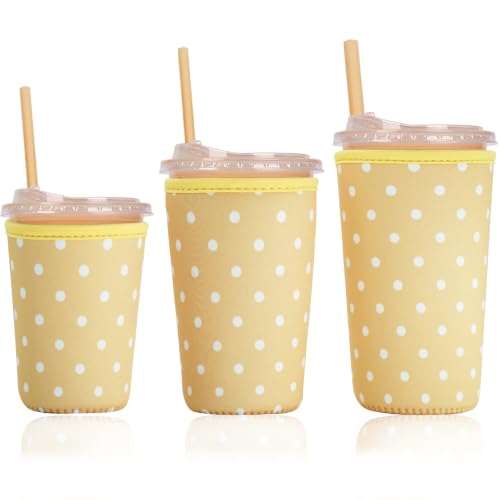 Image of Reusable Insulated Sleeve for Iced Coffee Cup, 3-Pack Coffee Neoprene Drink Sleeve for Cold & Hot Drinks, Beverage Holder for Iced Coffee (Yellow Dots)
