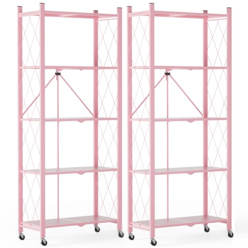 Image of ALANNG 60.6 Inch Folding Bookshelf, 5 Tier Metal Bookcase and Bookshelves | Tall Shelves for Living Room Office Bedroom, Heavy Duty Book Shelve Free Standing Open (Pink, 2PACK)