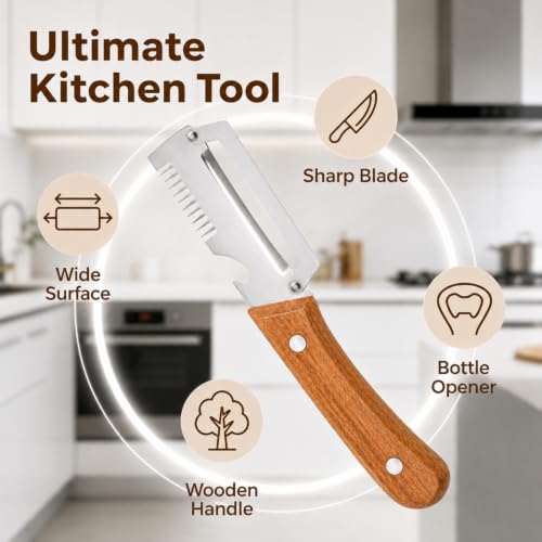 Image of 3 in 1 Multifunctional Fruit & Vegetable Peeler with Wooden Handle | Stainless Steel Kitchen Peeler with Built-in Grater & Bottle Opener | Vegetable Cutter for Potato, Carrot, Cucumber & Fruit