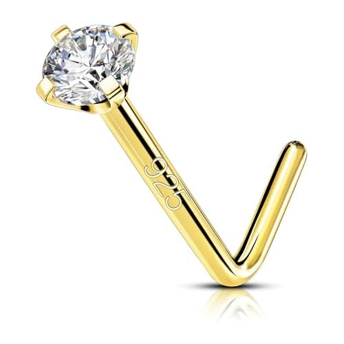 OUFER 925 Sterling Silver Nose Studs, Bone L Screw Shaped Nose Rings, 20G Nostril Solid 2mm Round CZ Nose Piercing Jewelry for Women Men-L Shaped