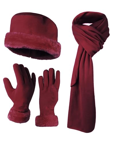 boxed-gifts Conjunto de gorro y guantes de invierno para mujer, forro polar cálido + gorros, guantes y bufandas para mujer, Borgoña, Talla única