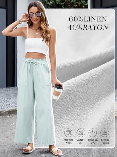 HAPYWER Leinenhose Damen Weites Bein Sommerhose Leichte Strandhose Palazzo Hose Lang Stoffhose High Waist mit Gummizug Palazzo Strandhose mit Taschen(HellGrün,XL)