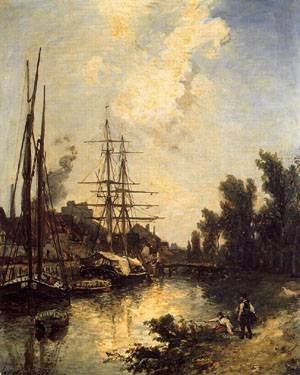 Peinture à l'huile grand format Jongkind Boats Dockside 1855 pour sublimer un salon classique