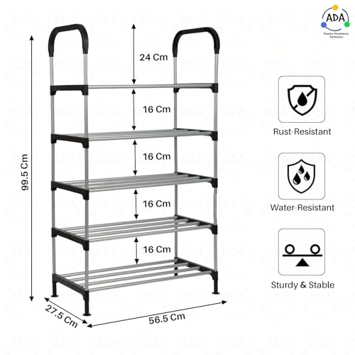 Image of ADA Premium Multipurpose Shoe Rack | 5-Tier Shoe Storage Organizer, Compact Space Saver, Sturdy & Durable Rack for Entryway, Living Room, Bedroom & Closet - Black & Grey