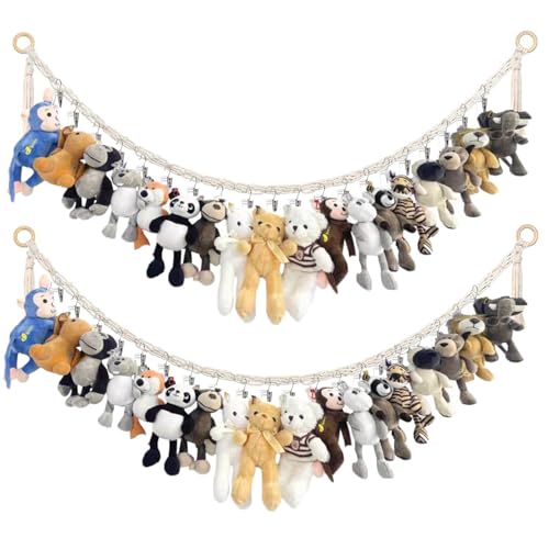 2Pcs Stuffed Animal Storage Chain, Hanging Stuff Animal Organizer, Stuffed Animal Storage Holder with 40 Metal Clips, for Boho Bedroom Decor, Room Decor, Room Organization